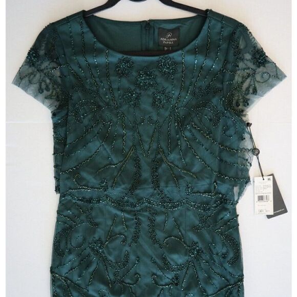 Adrianna Papell Women's Sz 4 Green Beaded Knee-Length Cocktail Party Dress - Picture 6 of 11